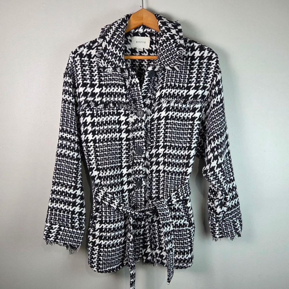 Hyfve Houndstooth Shacket Womens S Black White Excellent Belted Fringe HF23C253